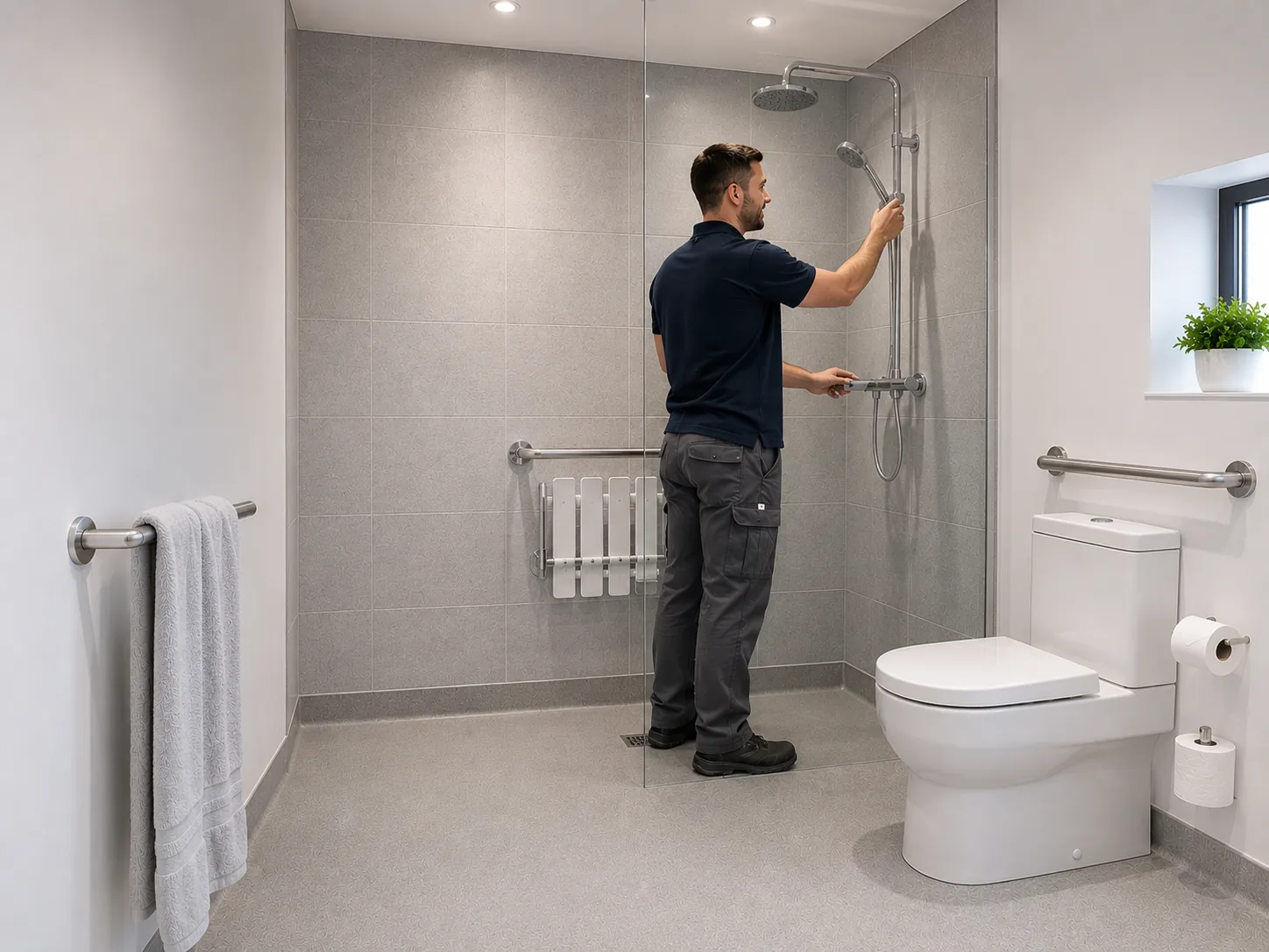 Installer checking a level-access shower in an accessible bathroom