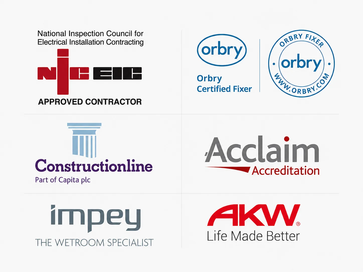 NICEIC, Orbry, Constructionline, Acclaim, Impey and AKW accreditation logos